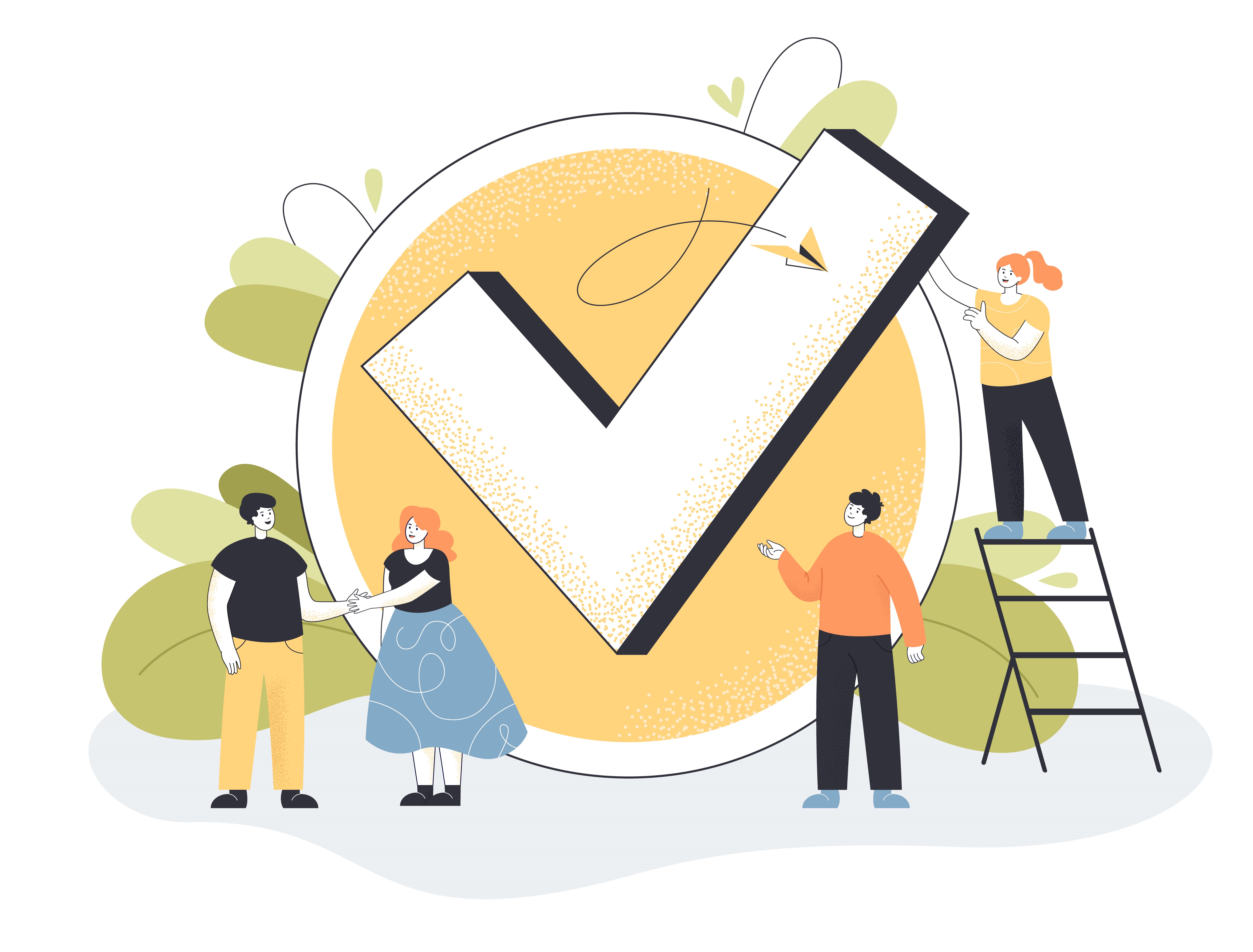 Tiny people standing near big checkmark